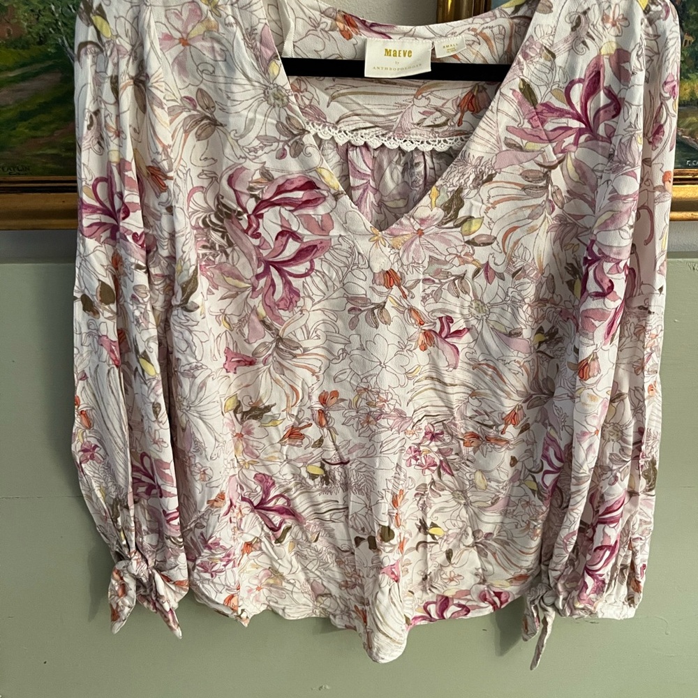 Maeve by Anthropologie Pernille top sz Small. Cream Floral  Puff Lantern Sleeve